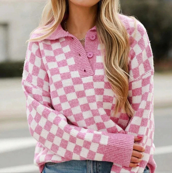 Sweaters - Pink Checkered Buttons Collar V Neck Drop Shoulder Sweater